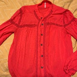 FREE PEOPLE Red Swiss Dot Blouse — western vibe. GIRL NEXT DOOR